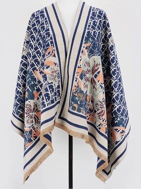 Navy Floral Jacquard Fringe scarf wrap